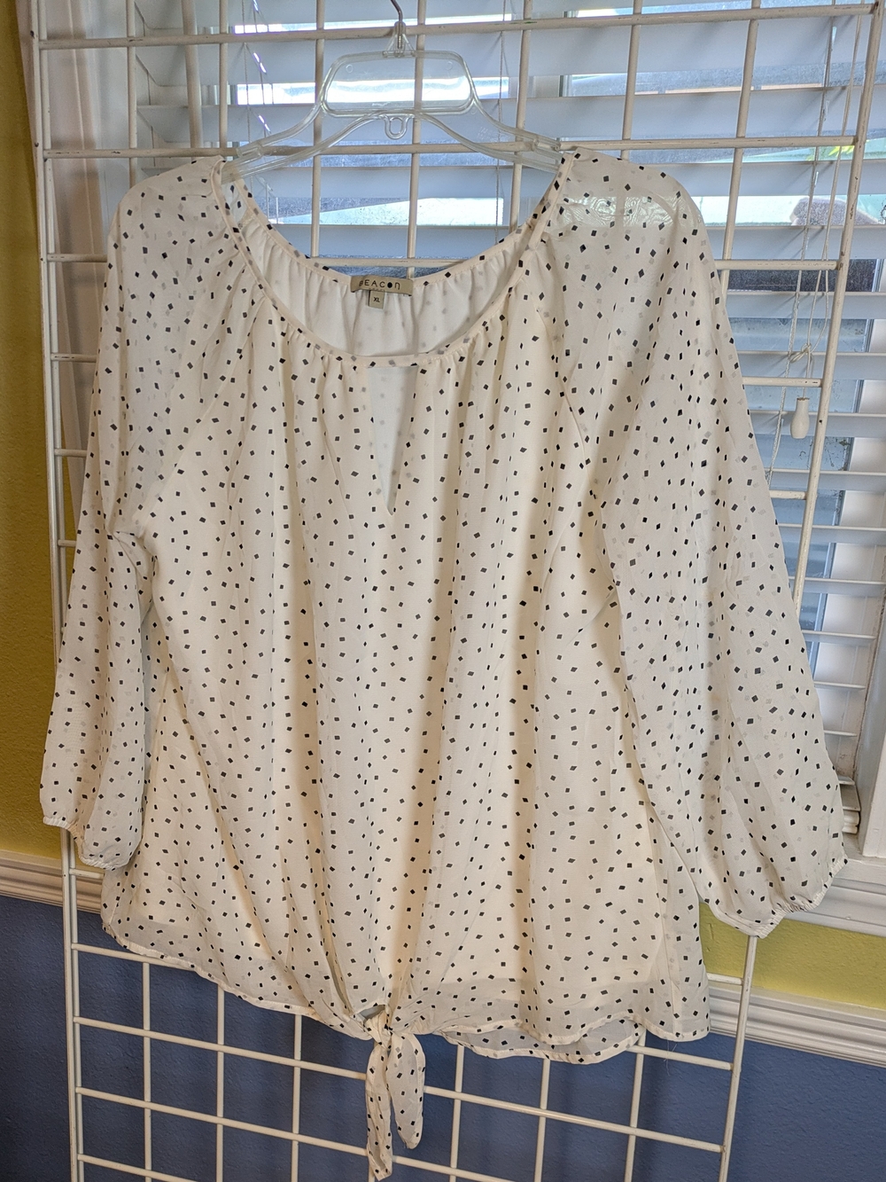 Beacon White Blouse with Black Square Polka Dots and Tie Hem Office Wear